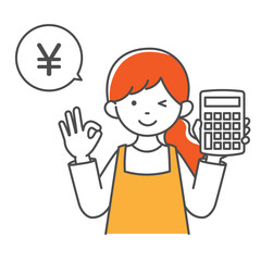 電卓を持ってOKサインをする主婦とのシンプルイラスト