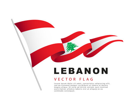 The Lebanese flag hangs on a flagpole and flutters in the wind. Vector illustration isolated on white background.