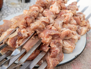 Pieces of raw meat on metal skewers in a plate.