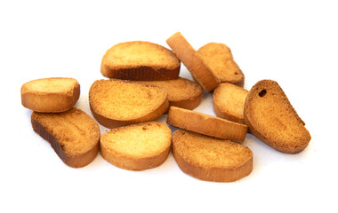 Dried fried bread slices on white background