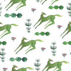 Hand painted watercolor seamless pattern of cute animal and botanical abstract elements