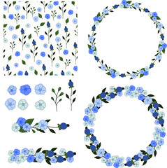 Botanical hand drawn colorful flower vector set, floral elements, wreaths, pattern vector collection, pattern brush  