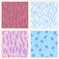 Collection of botany hand drawn patterns. Seamless patterns made of branches and herbs, endless texture for textile, scrapbooking, wrapping paper