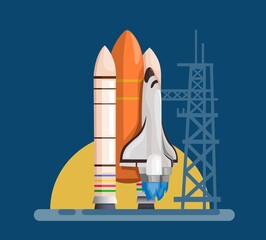 Space Ship Rocket launch ready take off cartoon illustration vector