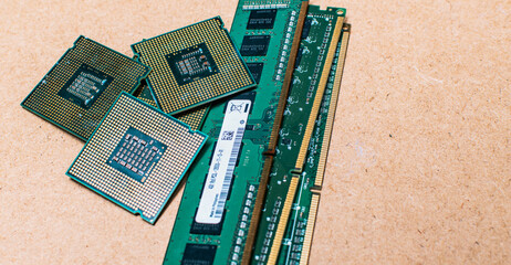 RAM memories with computer microprocessors isolated, processors and ram memories on isolated...
