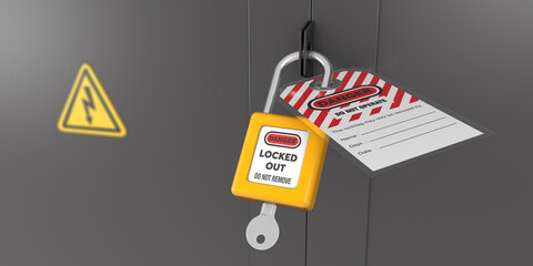 Lock out, tag out with a danger tag 3d render illustration. Danger and do not operate warning. Machine and electrical system and safety equipment.