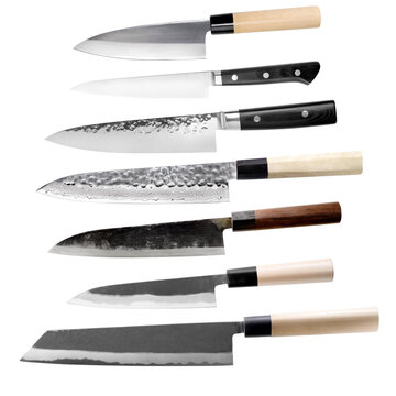 Traditional Japanese seven knife set isolated on white background.