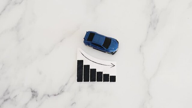 car loans rentals and car prices increasing, blue toy car next to graph showing stats going up