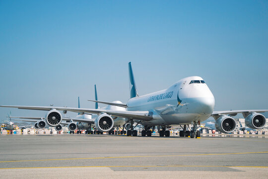 Cathay Pacific Cargo B747 airplanes grounded at Hong Kong International airport due to Coronavirus, huge impact to aviation industry on February 2021 in Hong Kong