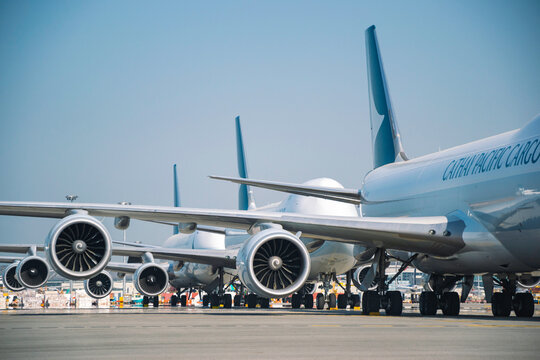 Cathay Pacific Cargo B747 airplanes grounded at Hong Kong International airport due to Coronavirus, huge impact to aviation industry on February 2021 in Hong Kong
