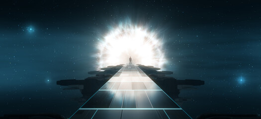 Dark abstract Sci Fi path with Outer Space in background. Man Standing with Glowing Light Rays and Portal. 3d Rendering - obrazy, fototapety, plakaty