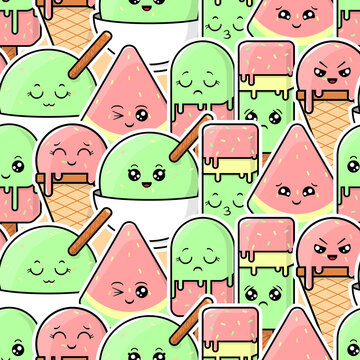 cute kawaii ice cream characters with many expressions seamless pattern, background vector