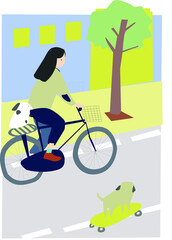 犬と自転車で散歩する女性