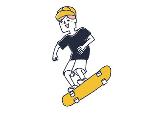 スケートボードをしている男性　コミカルな手書きの人物　ベクター、温かみのある線画