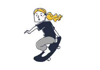 スケートボードをしている女性　コミカルな手書きの人物　ベクター、温かみのある線画