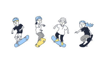 スケートボードをしている人々のセット　コミカルな手書きの人物　ベクター、温かみのある線画