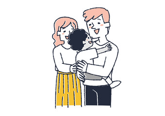 違う色の肌の男の子の養子を迎え入れた幸福な夫婦　コミカルな手書きの人物　ベクター、温かみのある線画