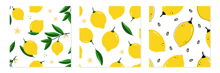 Set, collection of three vector seamless pattern backgrounds with fresh yellow lemons for food and nature design.
