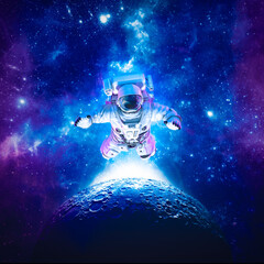 Astronaut floating above moon - 3D illustration of science fiction space suited figure among the stars in outer space © grandeduc