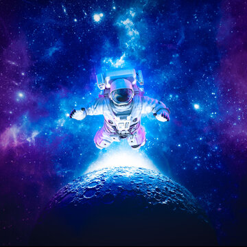 Astronaut floating above moon - 3D illustration of science fiction space suited figure among the stars in outer space