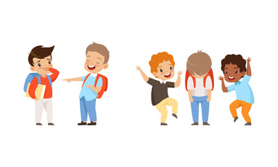 Obraz premium Offensive Boy Bullying and Abusing Sad Agemate Vector Illustration Set