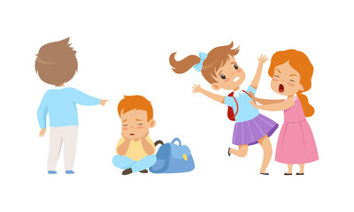 Offensive Boy and Girl Bullying and Abusing Sad Agemate Vector Illustration Set