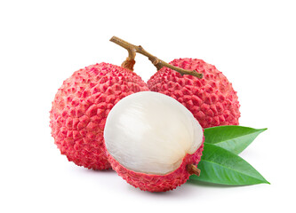 Juicy Lychee with cut in half and leaves  isolated on white background.