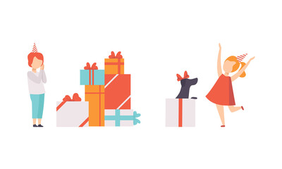 Happy Children in Birthday Hat Near Gift Box Celebrating Holiday Vector Set
