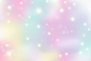 Obraz premium Rainbow unicorn background. Holographic illustration in pastel colors. Cute cartoon girly wallpaper. Bright multicolored sky with stars. Vector.