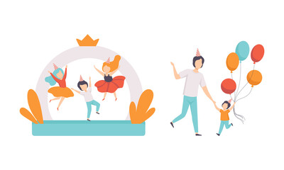 Happy Children in Birthday Hat Jumping with Joy and Carrying Bunch of Balloons with Dad Celebrating Holiday Vector Set