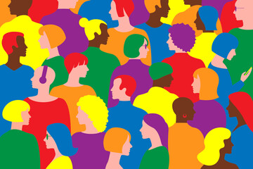 The crowd of abstract diverse multiracial and multicultural group of people. Flat design with LGBTQIA color. designed for decoration, cover, education, presentation, print. Vector illustration.