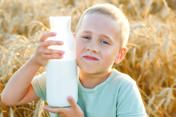 Large portrait of a child with milk on a background of wheat. The boy holds a glass bottle to his face. Picnic at sunset on a field of rye.