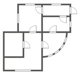 Apartment architectural plan. Black and white isolated condominium or house. Floor plan, interior design kitchen, bedrooms, living room, dining room and bathroom. Apartment without furniture top view