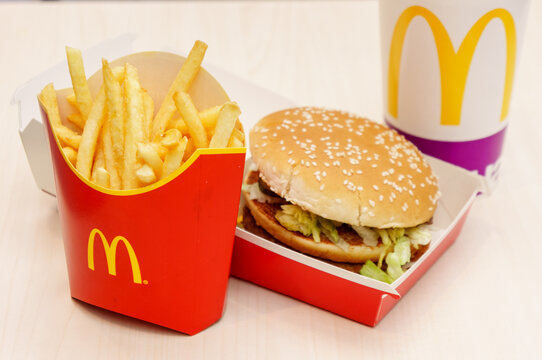 Moscow, Russia, March 15 2018: McDonald's Big Mac hamburger menu, French Fries and Coca Cola