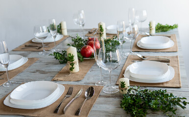 Beautiful table setting with lavender flowers on wooden background
