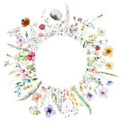 Round frame made of watercolor wildflowers and leaves, wedding and greeting illustration - obrazy, fototapety, plakaty