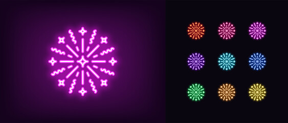 Outline neon firework icon. Glowing neon firework explosion silhouette, starburst pictogram. Festive firework burst