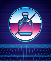 Retro style No alcohol icon isolated futuristic landscape background. Prohibiting alcohol beverages. Forbidden symbol with beer bottle glass. 80s fashion party. Vector
