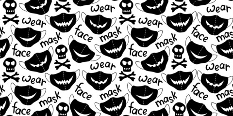 Fototapeta na wymiar Seamless vector pattern of medical protect face masks. Halloween background and texture with lettering in flat style. Virus protection, quarantine. Covid-19 pandemic