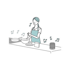 スマートスピーカーで音楽を聴ききながら料理する女性