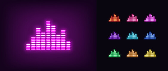 Outline neon music equalizer icon. Glowing neon sound equalizer with bars, soundwave pictogram. Musical track © Дмитрий Майер