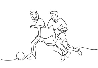 One continuous single line of boys playing football isolated on white background.