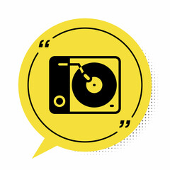 Black Vinyl player with a vinyl disk icon isolated on white background. Yellow speech bubble symbol. Vector