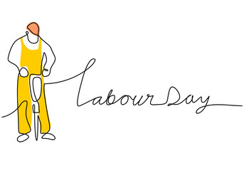 Labor day banner. One continuous single line of craftsman with drill for labor day isolated on white background.