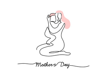 One continuous single line of mother carry her child for mother day isolated on white background.