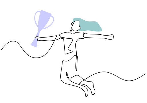 One continuous single line of woman bring trophy for world cup isolated on white background.