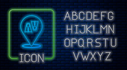 Glowing neon Rubber flippers for swimming icon isolated on brick wall background. Diving equipment. Extreme sport. Diving underwater equipment. Neon light alphabet. Vector © vector_v