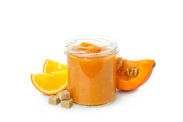 Pumpkin jam isolated on white background, close up