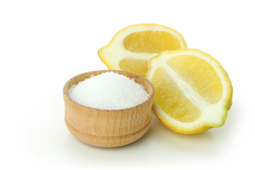 Concept of household cleaners with lemon acid, isolated on white background