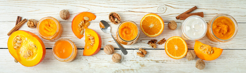 Concept of tasty food, pumpkin jam, top view